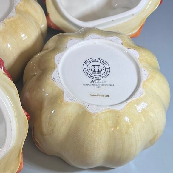 Hand Painted Fitz and Floyd Pumpkin Harvest Lidded Soup Bowls Set of 2 - Picture 6 of 8